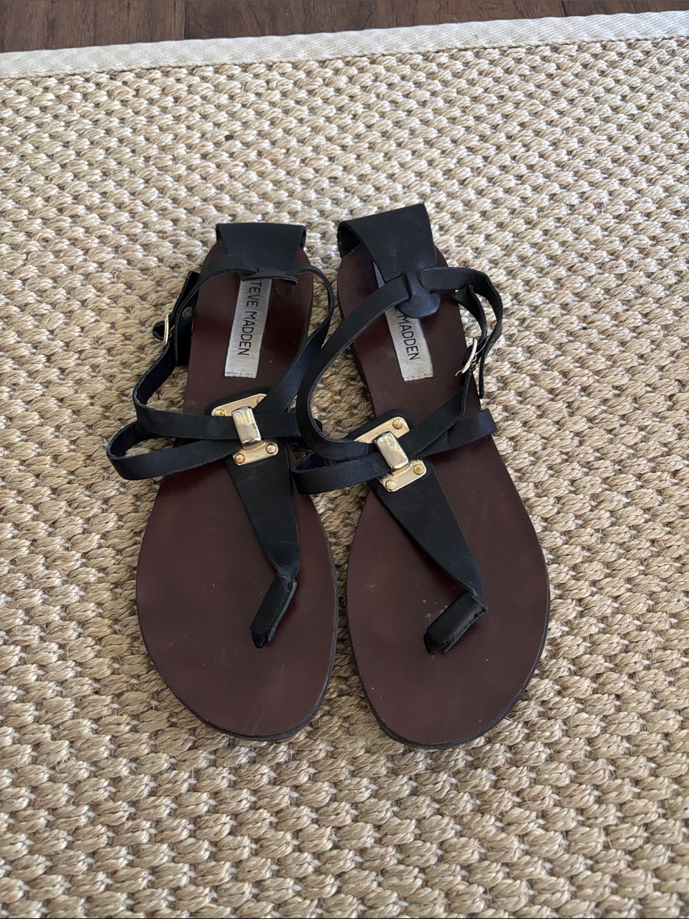 Steve Madden Black Leather T-Strap Sandals with Gold Accents